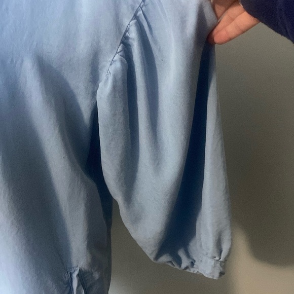 Lght Blue Denim Look Mini Dress Long Top Raw Hem 3/4 Drop Puff Sleeves Tier Back - Picture 5 of 7